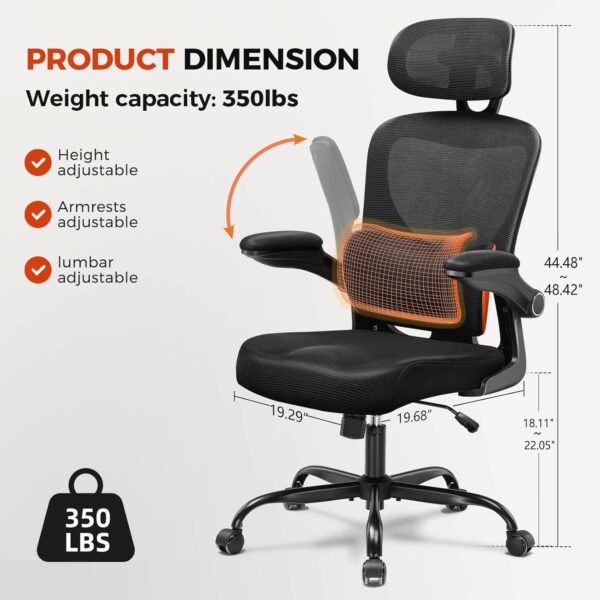 COMHOMA Ergonomic Office Desk Chair with 3D Adjustable Lumbar Support & Headrest, High Back Executive Computer Chair Comfy for Back Pain Relief, Flip-up Armrests (Black)