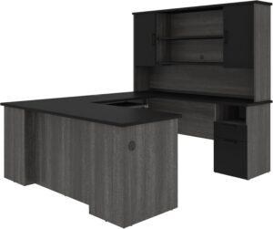 Bestar Norma U or L Shaped Executive Desk with Hutch in Black and Bark Gray, 71W | Large Corner Table for Home Office Workspace or Personal Work Area