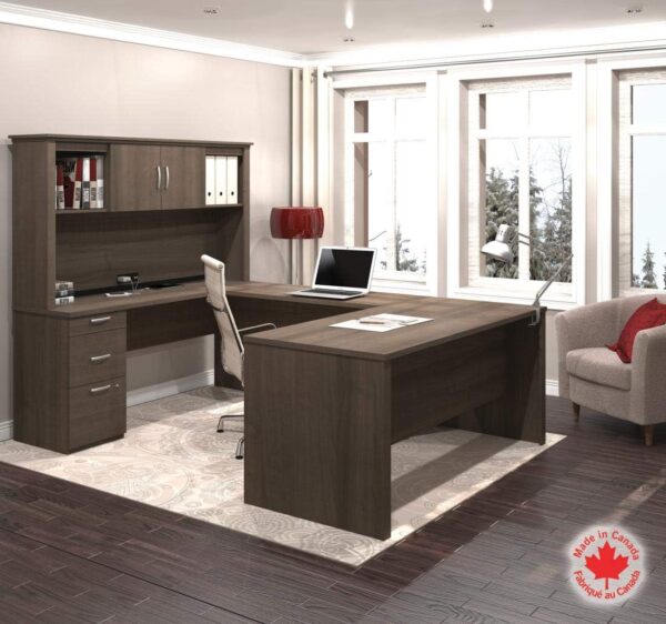 Bestar Logan U or L-Shaped Executive Office Desk with Pedestal and Hutch in Antigua, 66W