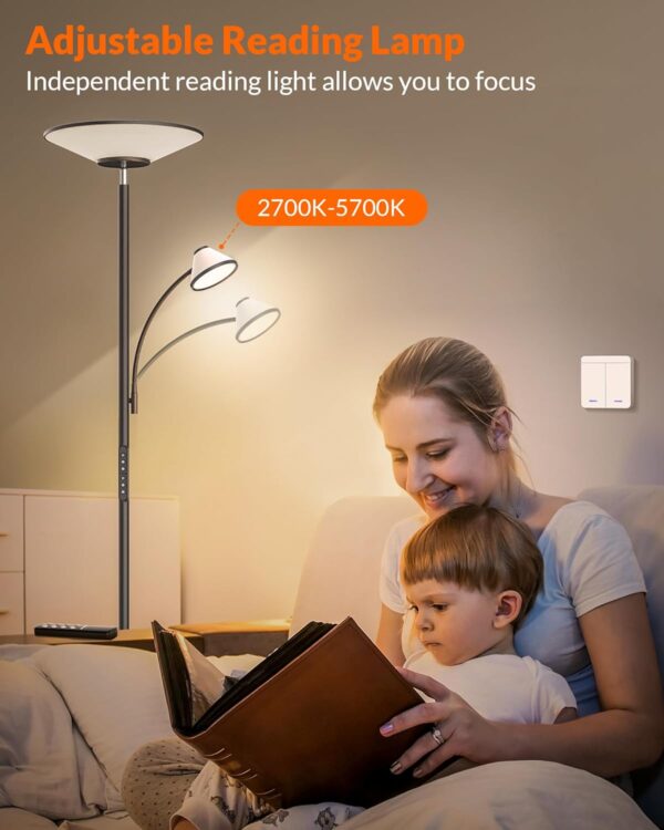 Bright Floor Lamp, Standing Lamp with Remote & Wall Switch, 60 Lighting Effects, Adjustable Torchiere Corner Light for Living Room, Bedroom, Office. Perfect for Reading & Ambiance