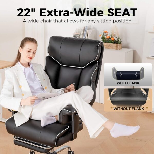 COMHOMA Big and Tall Office Chair 400lbs High Back Leather Executive Chair with Ergonomic Lumbar Support & Pocket Spring Cushion for Lower Back Pain Relief, White Black