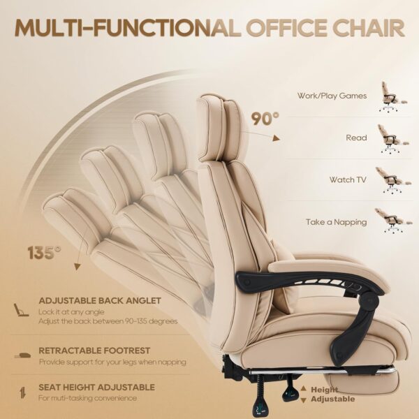COLAMY Office Chair with Footrest-Ergonomic Computer Chair with Extra Lumbar Support Pillow, High Back Executive Desk Chair Thick Bonded Leather, Comfort Home Office Work Chair -Khaki