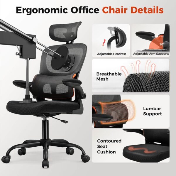 COMHOMA Ergonomic Office Desk Chair with 3D Adjustable Lumbar Support & Headrest, High Back Executive Computer Chair Comfy for Back Pain Relief, Flip-up Armrests (Black)