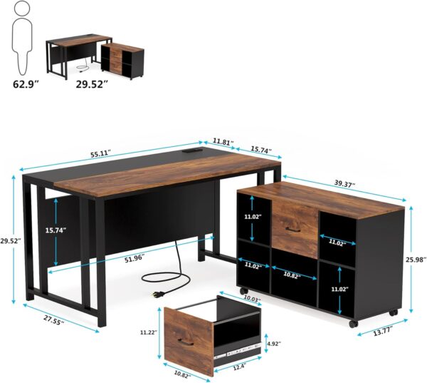 Tribesigns L-Shaped Computer Desk with Power Outlet and Drawer Cabinet, 55 inch Large Executive Office Desk Business Furniture with 40 inch Lateral File Cabinet Printer Stand for Home Office,Brown