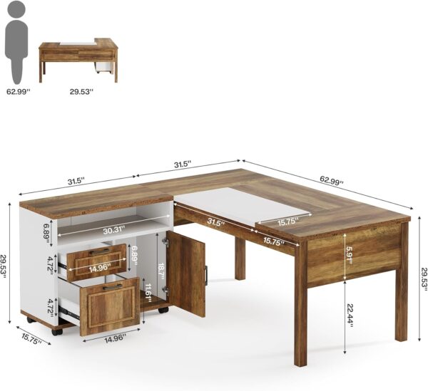 Tribesigns L-Shaped Executive Desk with Reversible File Cabinet, 63" Wooden Computer Desk with Drawers and Storage, Home Office Writing Table Business Furniture Table, Rustic Brown and White
