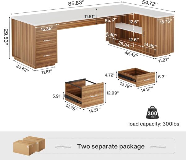 Tribesigns 85.8-Inch L-Shaped Executive Desk, Extra Large Modern Office Desk with File Drawers, Door Cabinet & Shelves, Commercial Office Table, Home Business Workstation, White & Brown
