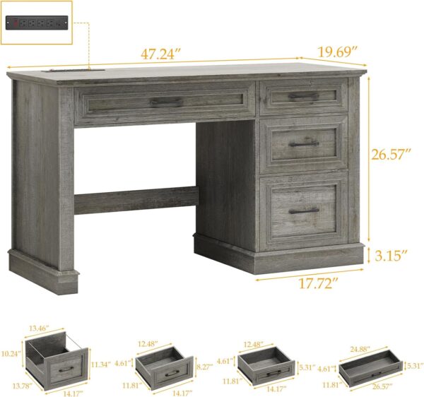 Vabches Farmhouse 47" Executive Desk, Computer Desk with Drawers and File Drawer, Workstation Computer Desk with Charging Station for Home Office,Study,Grey.