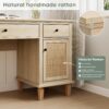 Yechen 58" Modern Executive Desk with Natural Rattan Door, Boho Writing Desk with 3 Drawers & 2 Cabinet for Study, Work, Computer, Natural Oak