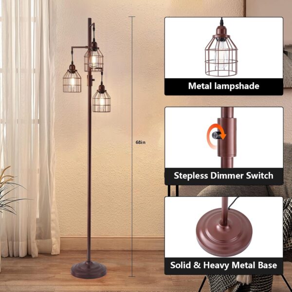 9MMML Floor Lamp for Living Room, Farmhouse Industrial Dimmable Floor lamp, 3 Lights Metal Cage Tree Standing Lamp,68", 3Pcs LED Bulbs Included