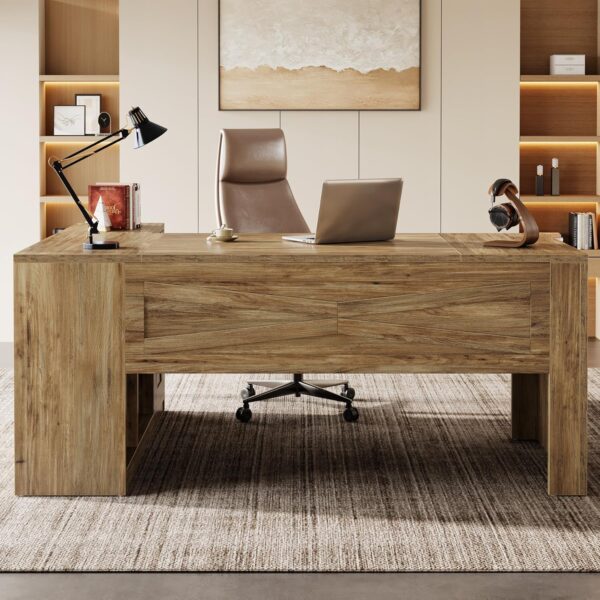 Tribesigns L-Shaped Executive Desk, 70.8-Inch Farmhouse Office Desk with File Cabinet, Large Computer Desk with Storage Shelves, Wooden Business Furniture Workstation for Home Office (Rustic Brown)