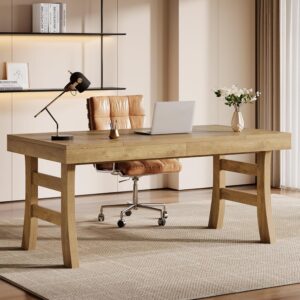 Tribesigns 63-Inch Executive Desk, Large Office Computer Desk with Sturdy Legs, Farmhouse Workstation Writing Table Business Furniture for Home Office, Light Brown