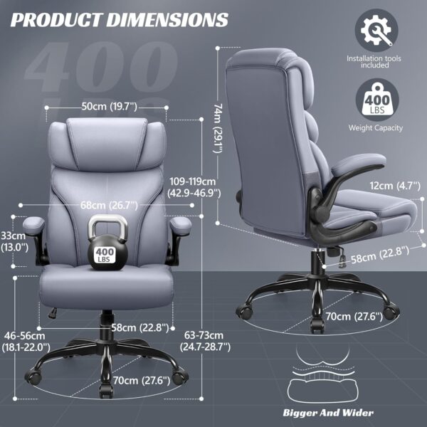 Office Chair, Ergonomic Big and Tall Computer Desk Chairs, Executive Breathable Leather Chair with Adjustable High Back Flip-up Armrests, Lumbar Support Swivel PC Chair with Rocking Function