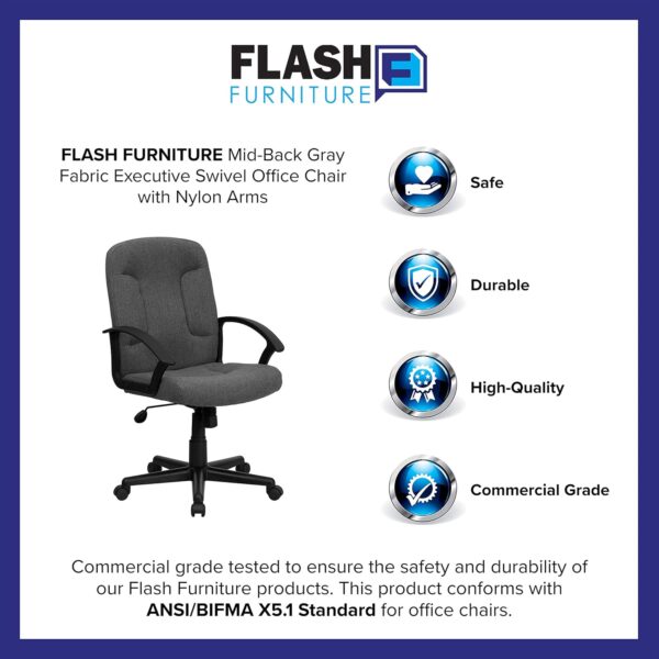 Flash Furniture Garver Mid-Back Gray Fabric Executive Swivel Office Chair with Nylon Arms