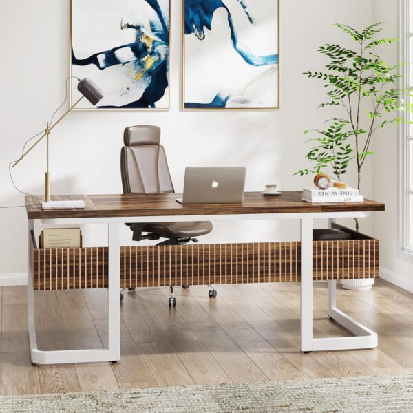 Tribesigns 63" Executive Desk with Bottom Shelves, Large Office Computer Desk, Modern Simple Workstation Business Furniture for Home Office (Walnut & White)