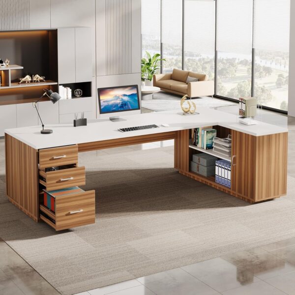 Tribesigns 85.8-Inch L-Shaped Executive Desk, Extra Large Modern Office Desk with File Drawers, Door Cabinet & Shelves, Commercial Office Table, Home Business Workstation, White & Brown
