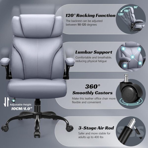Office Chair, Ergonomic Big and Tall Computer Desk Chairs, Executive Breathable Leather Chair with Adjustable High Back Flip-up Armrests, Lumbar Support Swivel PC Chair with Rocking Function