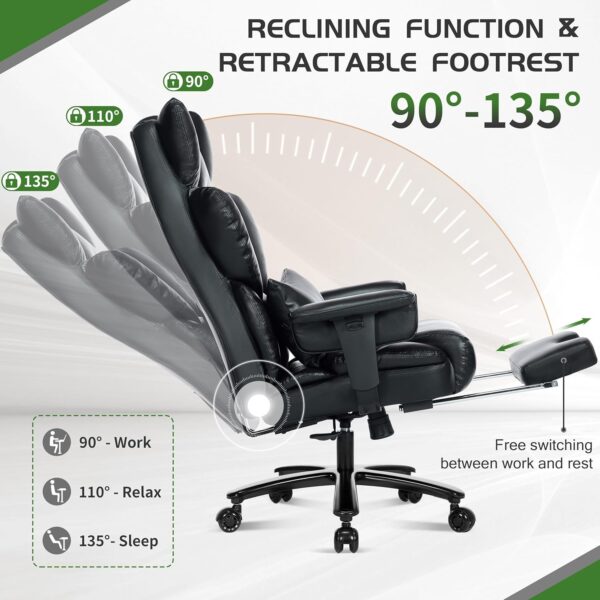650LBS Big and Tall Office Chair with Footrest,Large Heavy Duty Executive Office Chair-Wide Seat,Adjustable Lumbar Support,Dual Rubber Wheels,Ergonomic High Back Computer Chairs for Heavy People,Black