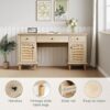 Yechen 58" Modern Executive Desk with Natural Rattan Door, Boho Writing Desk with 3 Drawers & 2 Cabinet for Study, Work, Computer, Natural Oak