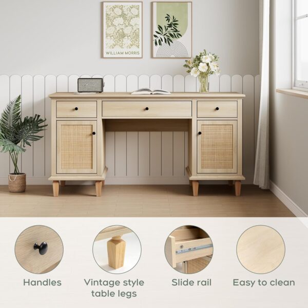 Yechen 58" Modern Executive Desk with Natural Rattan Door, Boho Writing Desk with 3 Drawers & 2 Cabinet for Study, Work, Computer, Natural Oak