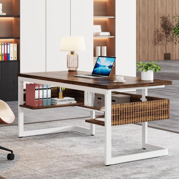 Tribesigns 63" Executive Desk with Bottom Shelves, Large Office Computer Desk, Modern Simple Workstation Business Furniture for Home Office (Walnut & White)