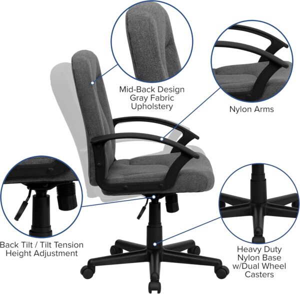 Flash Furniture Garver Mid-Back Gray Fabric Executive Swivel Office Chair with Nylon Arms