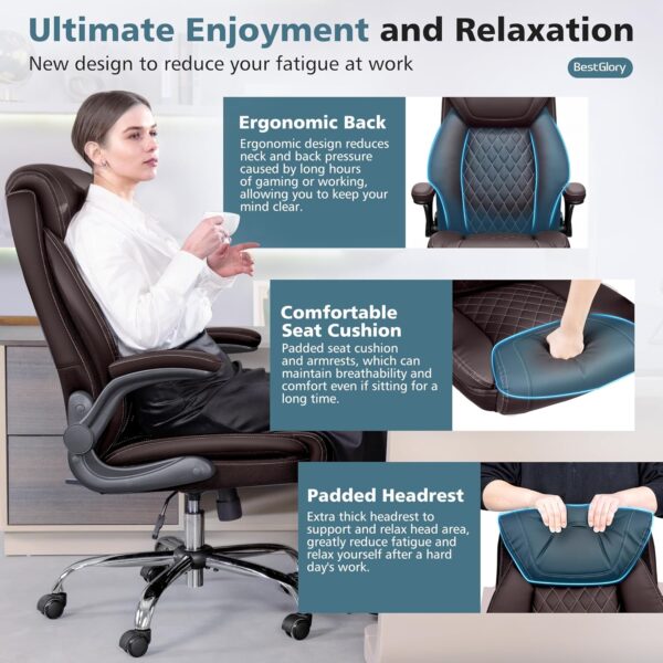 Office Chair, Ergonomic High Back Home Office Desk Chair, Big and Tall Breathable Leather Office Chair with Lumbar Support Flip-Up Armrests, Computer Chair with Rocking Function