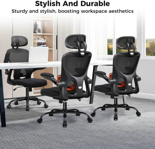 COMHOMA Ergonomic Office Desk Chair with 3D Adjustable Lumbar Support & Headrest, High Back Executive Computer Chair Comfy for Back Pain Relief, Flip-up Armrests (Black)