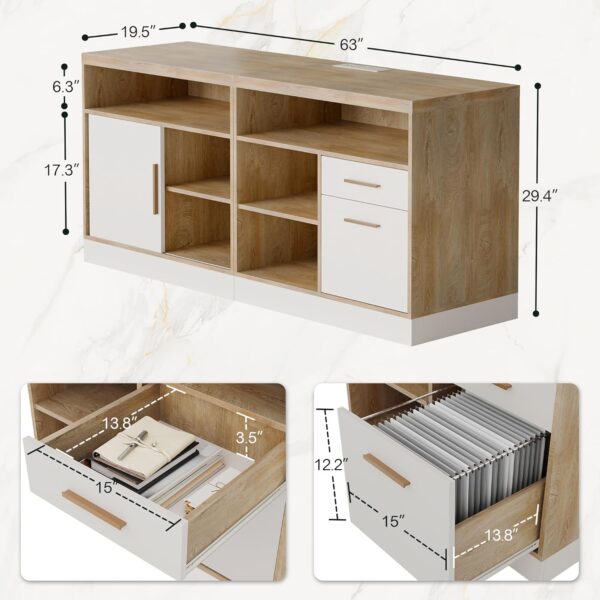 Furniture Set, 86" U Shaped Executive Standing Desk & 4 Wood Lateral File Cabinets with Lock, Electric Height Adjustable, AC/USB, Home Office, Light Walnut