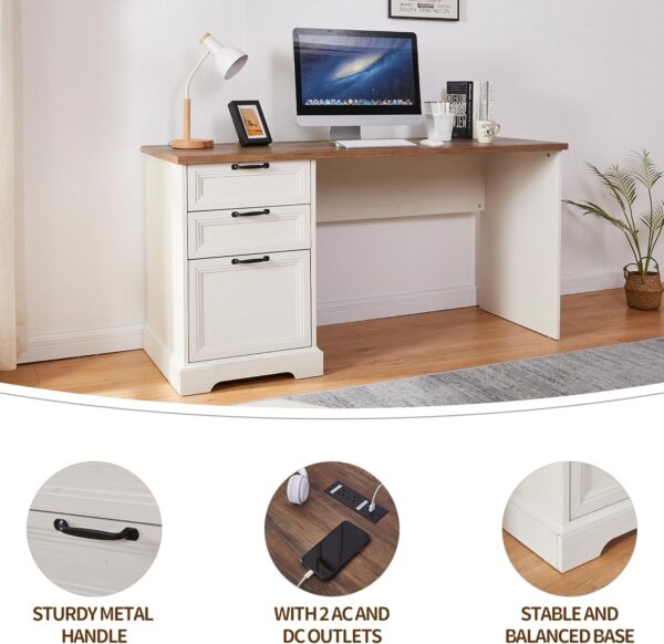 60" Farmhouse Executive Desk and 40" Mobile File Cabinet Combination,L Shaped Executive Desk with Charging Station,Home Office Desk for Office Work,Home Study