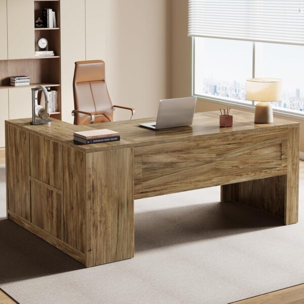 Tribesigns L-Shaped Executive Desk, 70.8-Inch Farmhouse Office Desk with File Cabinet, Large Computer Desk with Storage Shelves, Wooden Business Furniture Workstation for Home Office (Rustic Brown)