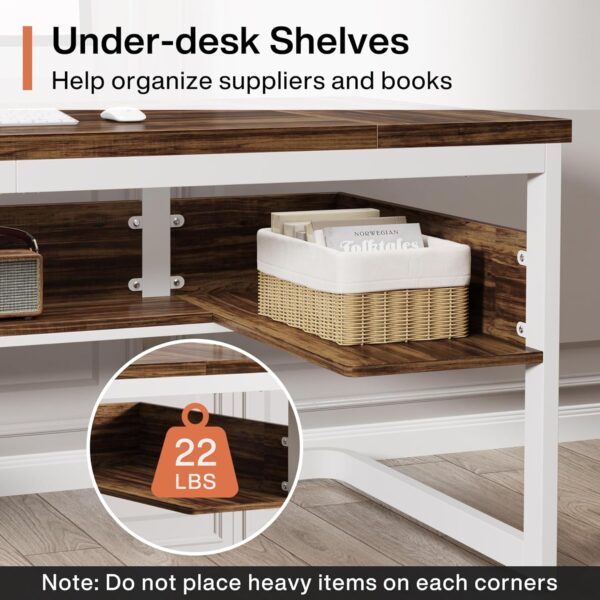 Tribesigns 63" Executive Desk with Bottom Shelves, Large Office Computer Desk, Modern Simple Workstation Business Furniture for Home Office (Walnut & White)