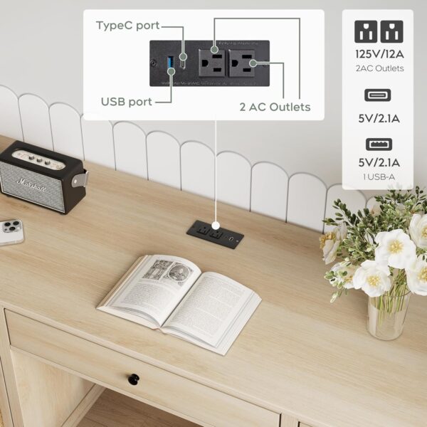 Yechen 58" Modern Executive Desk with Natural Rattan Door, Boho Writing Desk with 3 Drawers & 2 Cabinet for Study, Work, Computer, Natural Oak