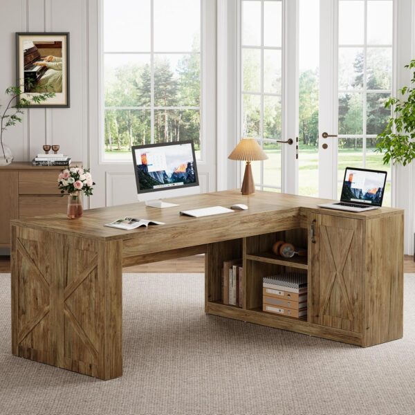 Tribesigns L-Shaped Executive Desk, 70.8-Inch Farmhouse Office Desk with File Cabinet, Large Computer Desk with Storage Shelves, Wooden Business Furniture Workstation for Home Office (Rustic Brown)