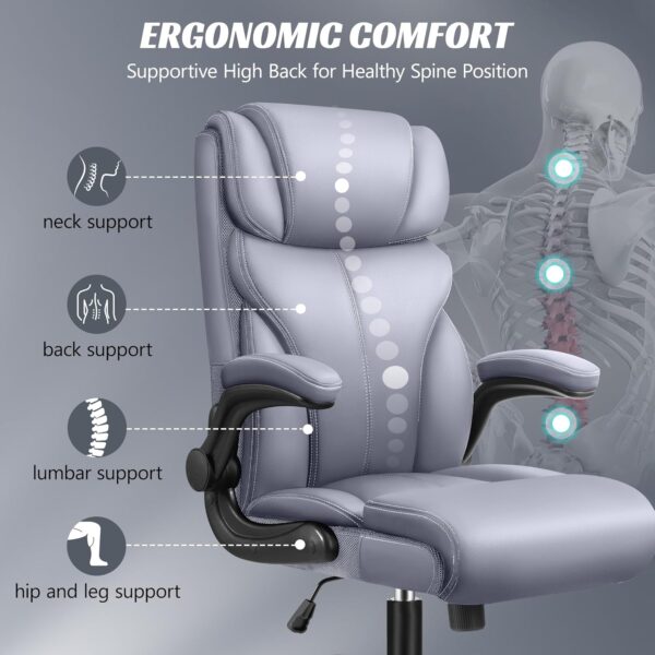 Office Chair, Ergonomic Big and Tall Computer Desk Chairs, Executive Breathable Leather Chair with Adjustable High Back Flip-up Armrests, Lumbar Support Swivel PC Chair with Rocking Function