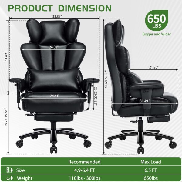 650LBS Big and Tall Office Chair with Footrest,Large Heavy Duty Executive Office Chair-Wide Seat,Adjustable Lumbar Support,Dual Rubber Wheels,Ergonomic High Back Computer Chairs for Heavy People,Black