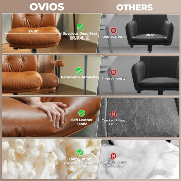 ovios Ergonomic Home Office Chair, Mid-Century Modern Faux Leather Chairs with Thickened Cushions, Comfy High Back Swivel Rolling Executive Computer Armchair (Brown, PU Leather)