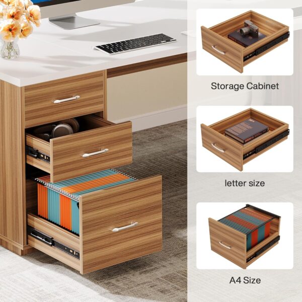 Tribesigns 85.8-Inch L-Shaped Executive Desk, Extra Large Modern Office Desk with File Drawers, Door Cabinet & Shelves, Commercial Office Table, Home Business Workstation, White & Brown
