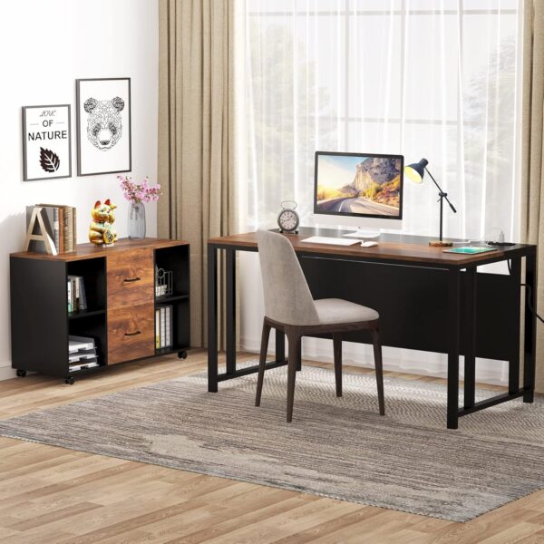 Tribesigns L-Shaped Computer Desk with Power Outlet and Drawer Cabinet, 55 inch Large Executive Office Desk Business Furniture with 40 inch Lateral File Cabinet Printer Stand for Home Office,Brown