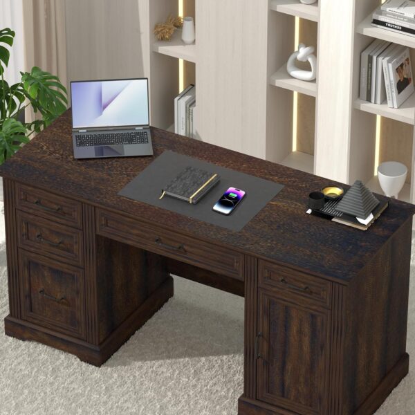 AHB 58" Executive Desk, Home Office Desk with Drawers and Cabinet, Wooden Workstation with Storage, Farmhouse Desk for Writing, Studying, Working
