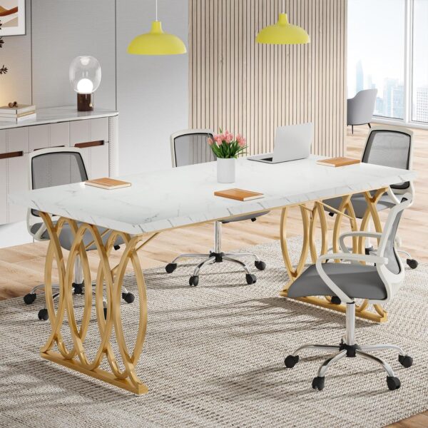 Tribesigns Executive Desk, 63" W Large Computer Desk, Modern Office Desk Conference Table Meeting Room Table, Business Furniture for Home Office, White and Gold