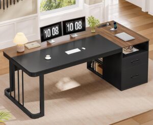 70.9" Executive Desk with Power Outlet, Large Office Desk with Drawers & Lateral File Cabinet, Modern Long Computer Desk with Adjustable Storage Shelves, Workstation Business Furniture (Walnut)