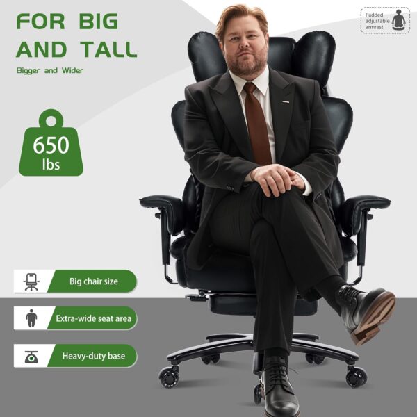 650LBS Big and Tall Office Chair with Footrest,Large Heavy Duty Executive Office Chair-Wide Seat,Adjustable Lumbar Support,Dual Rubber Wheels,Ergonomic High Back Computer Chairs for Heavy People,Black