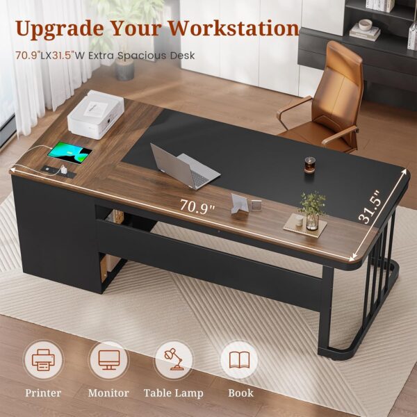 70.9" Executive Desk with Power Outlet, Large Office Desk with Drawers & Lateral File Cabinet, Modern Long Computer Desk with Adjustable Storage Shelves, Workstation Business Furniture (Walnut)