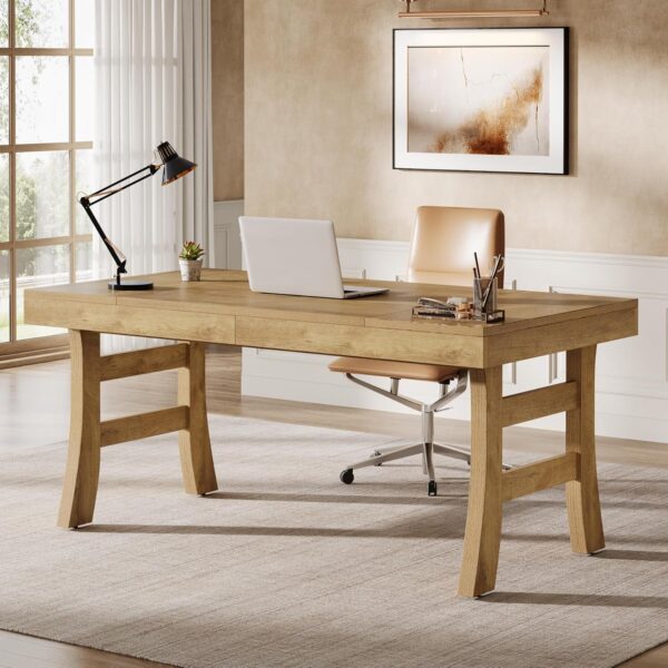 Tribesigns 63-Inch Executive Desk, Large Office Computer Desk with Sturdy Legs, Farmhouse Workstation Writing Table Business Furniture for Home Office, Light Brown