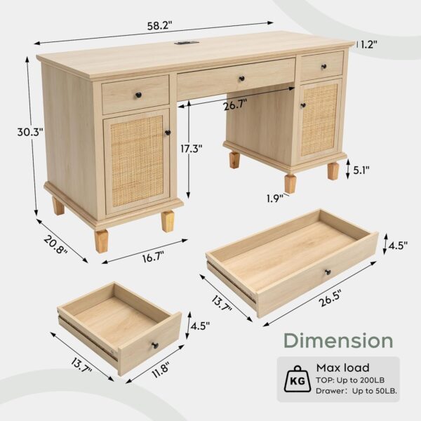 Yechen 58" Modern Executive Desk with Natural Rattan Door, Boho Writing Desk with 3 Drawers & 2 Cabinet for Study, Work, Computer, Natural Oak