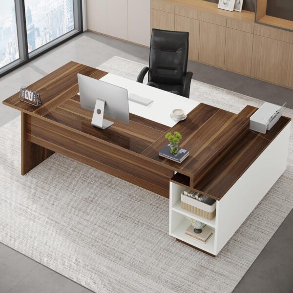 Tribesigns L-Shaped Executive Office Desk, 70.5-Inch Mid-Century Modern Executive Desk with File Cabinet and Storage Shelves, Large Computer Desk for Home Office, Brown + White