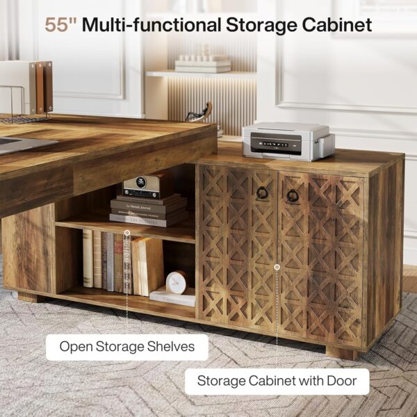 Tribesigns Farmhouse 63-Inch Executive Desk, L-Shaped Boss Desk Home Office Desks with Storage Shelves and Cabinet, Large Business Furniture Set for Home Office, Brown