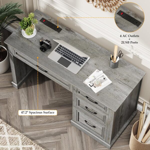 Vabches Farmhouse 47" Executive Desk, Computer Desk with Drawers and File Drawer, Workstation Computer Desk with Charging Station for Home Office,Study,Grey.