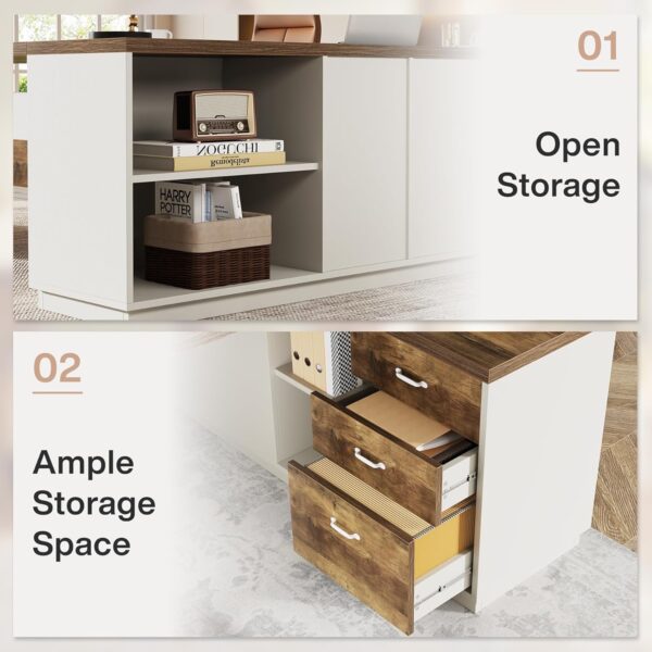 Tribesigns 78" L-Shaped Executive Desk, Large Modern Office Desk with Drawers and Lateral File Cabinet, Business Furniture with Storage Shelves, Big Computer Desk for Home Office (Brown + White)