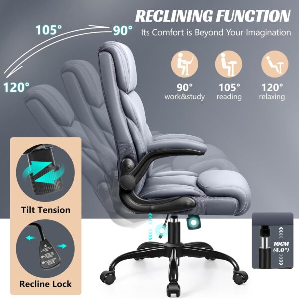 Office Chair, Ergonomic Big and Tall Computer Desk Chairs, Executive Breathable Leather Chair with Adjustable High Back Flip-up Armrests, Lumbar Support Swivel PC Chair with Rocking Function